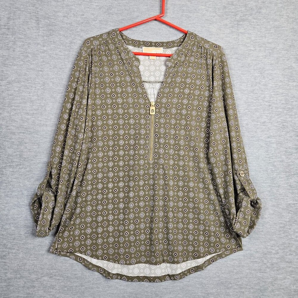 Michael Kors Women's Green 1/4 Zipper Roller Sleeve Top Size L